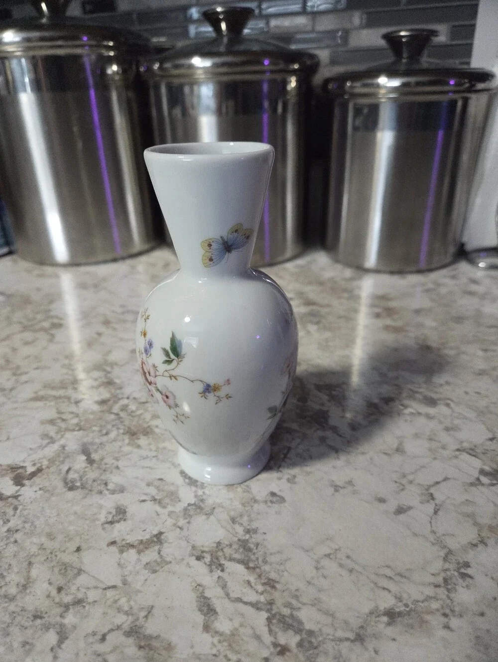 Vintage Limoges France White Porcelain Small Vase 5.5 Inches, Floral, Butterfly